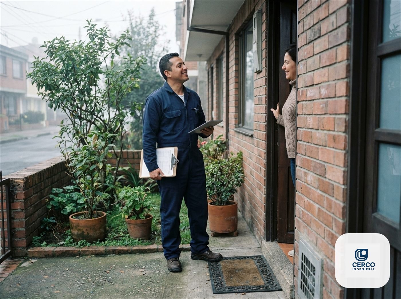 Técnico de Cerco Ingeniería llegando a la puerta de una vivienda en Bogotá para la visita técnica