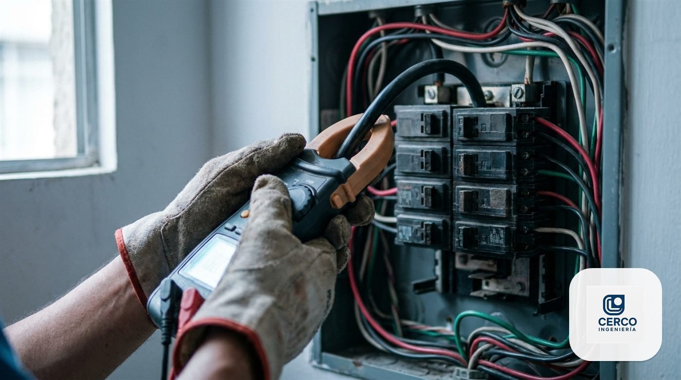 Técnico midiendo con pinza amperimétrica un conductor dentro del tablero eléctrico de una vivienda