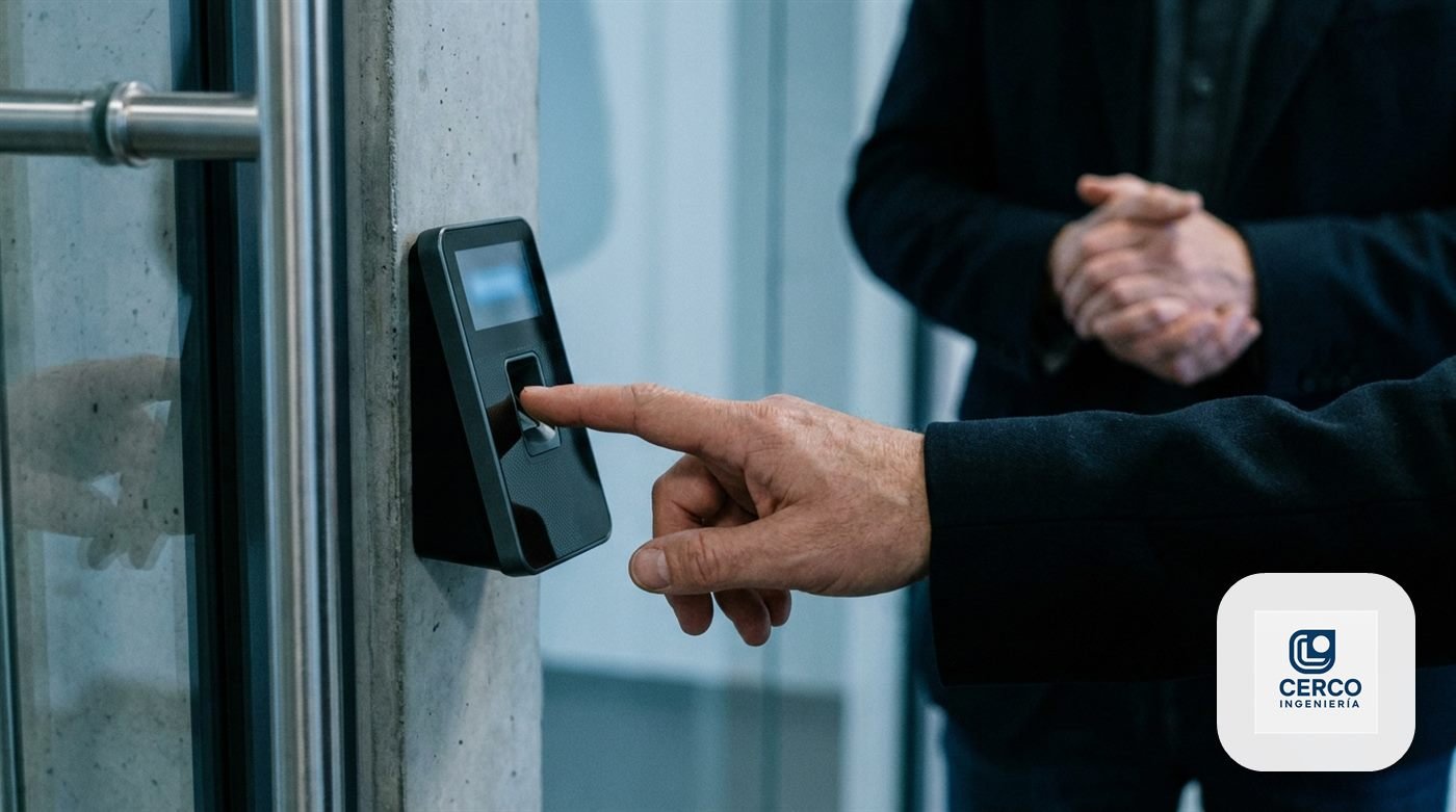 Persona apoyando su dedo en un lector biométrico junto a la puerta de una oficina