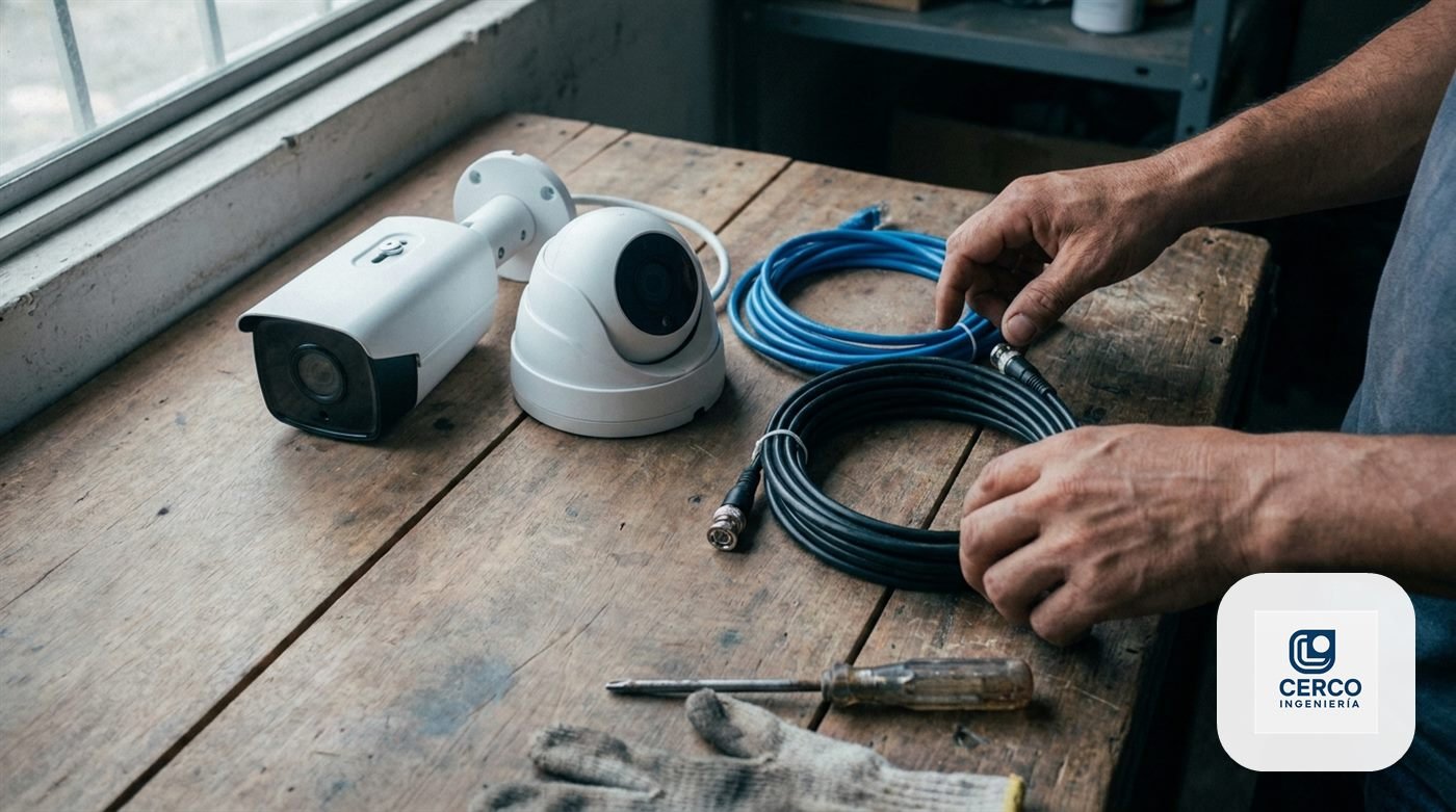 Comparación sobre una mesa de trabajo entre una cámara bala y una cámara domo con cable de red y cable coaxial