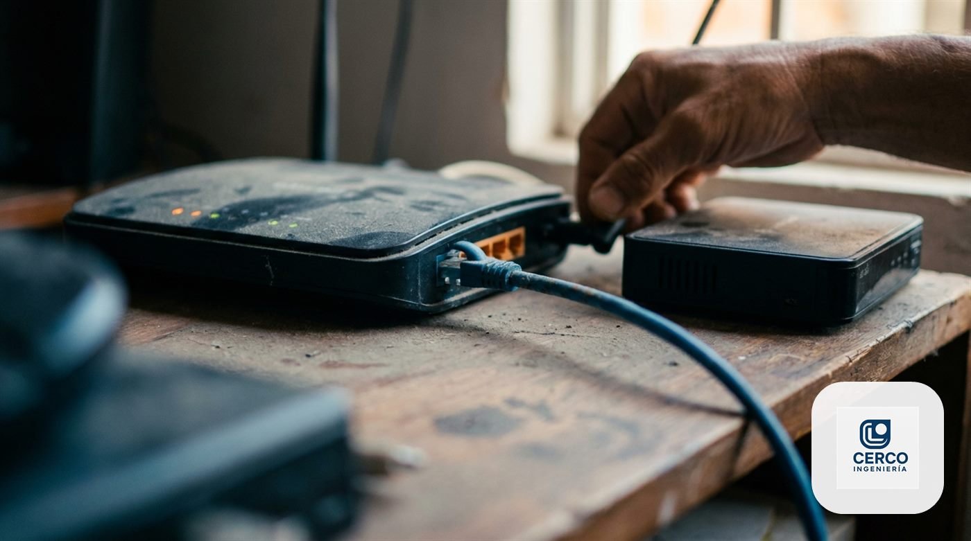 Router de internet doméstico con un cable de red conectado hacia un grabador de video