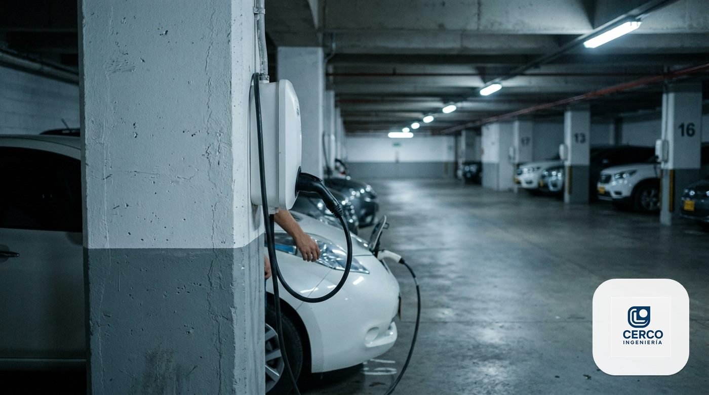 Cargador de pared en una columna del parqueadero de un conjunto, conectado a un vehículo eléctrico