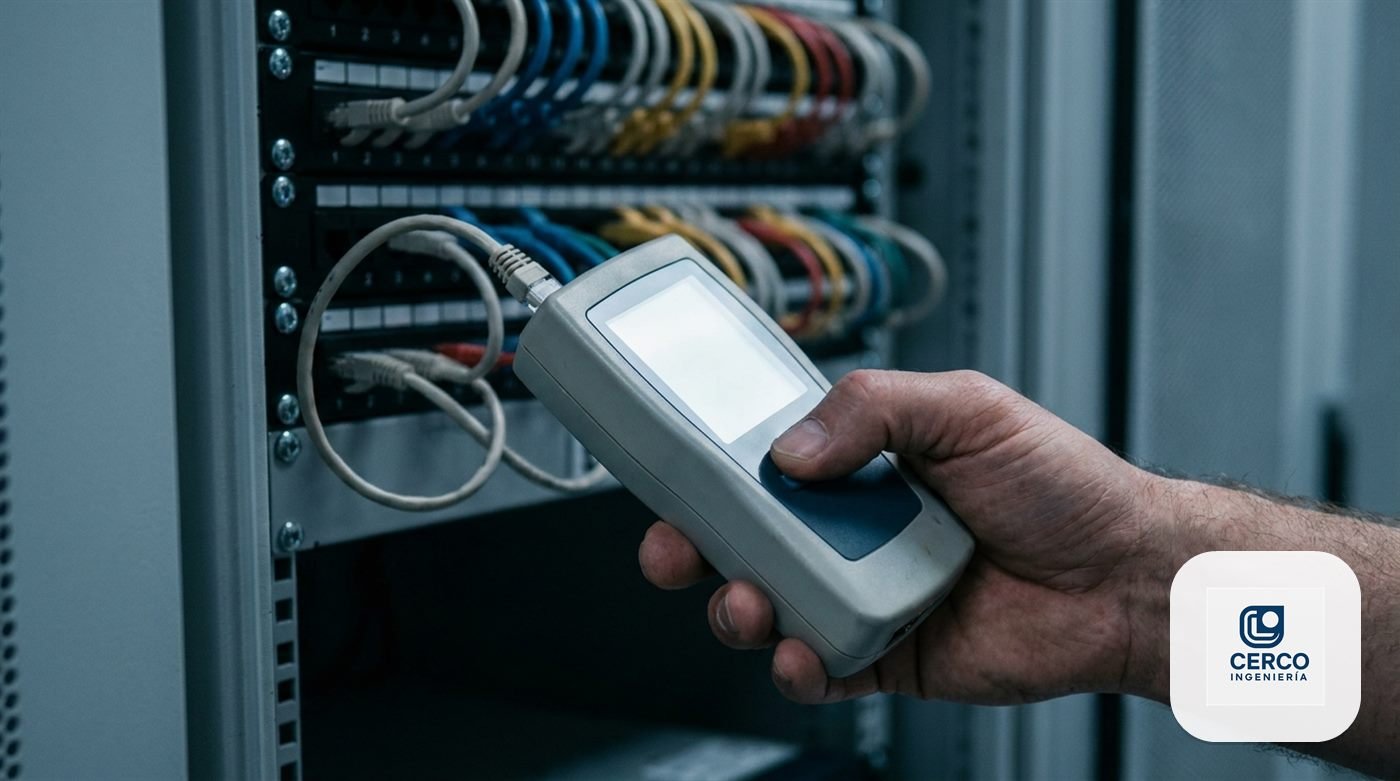 Certificador de red conectado a un patch panel dentro de un rack de comunicaciones