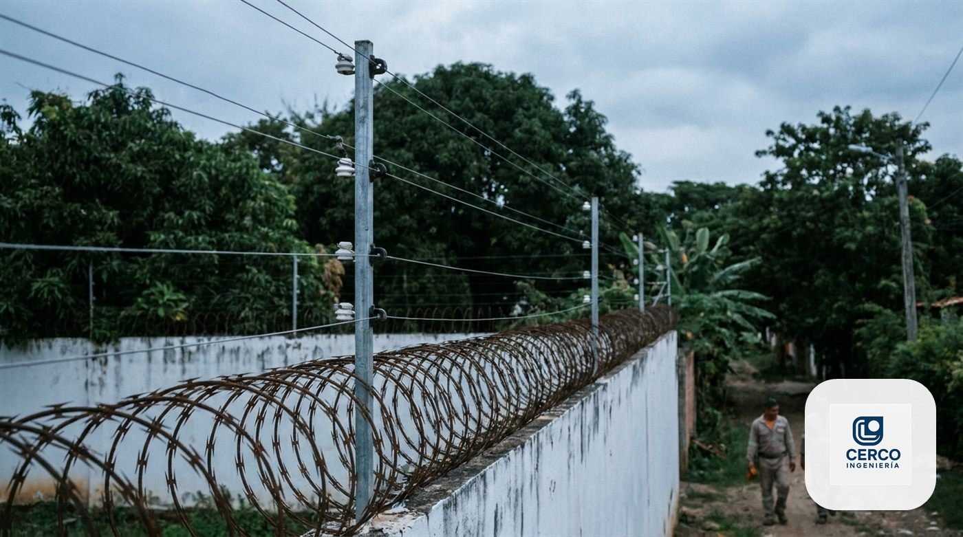 Muro perimetral con concertina en un tramo y cerca eléctrica con aisladores por encima