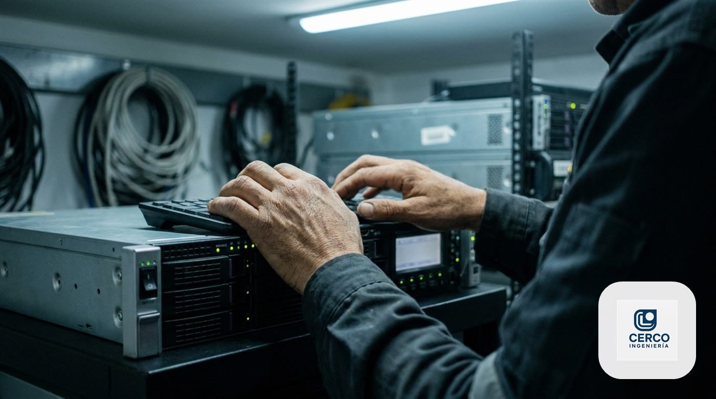 Manos de un técnico escribiendo en un teclado sobre un grabador de video montado en rack