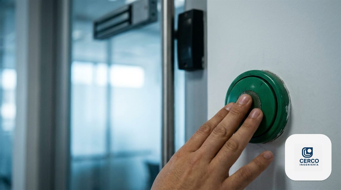 Botón verde de salida de emergencia junto a una puerta con cerradura electromagnética