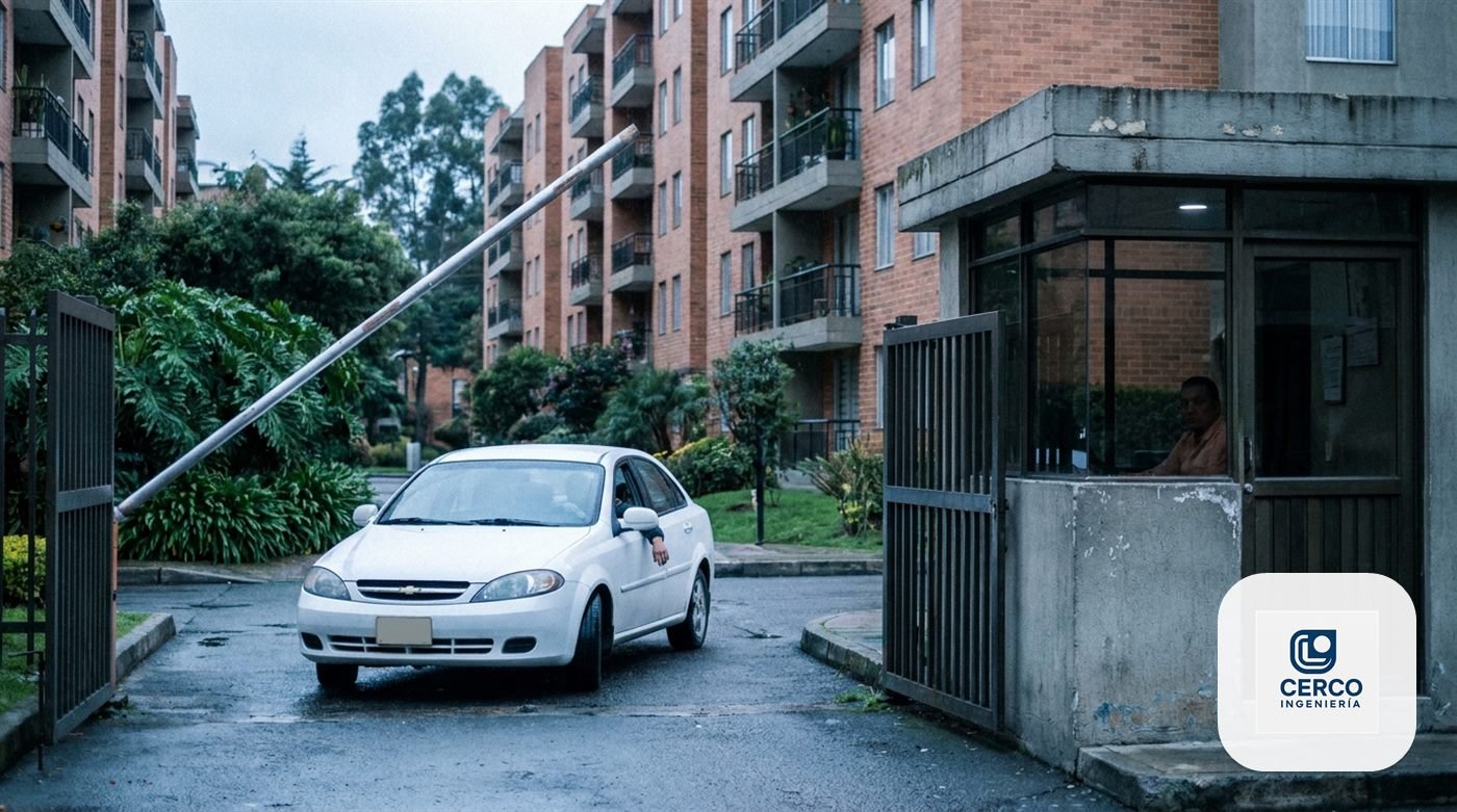 Talanquera vehicular levantada en la entrada de un conjunto residencial en Bogotá