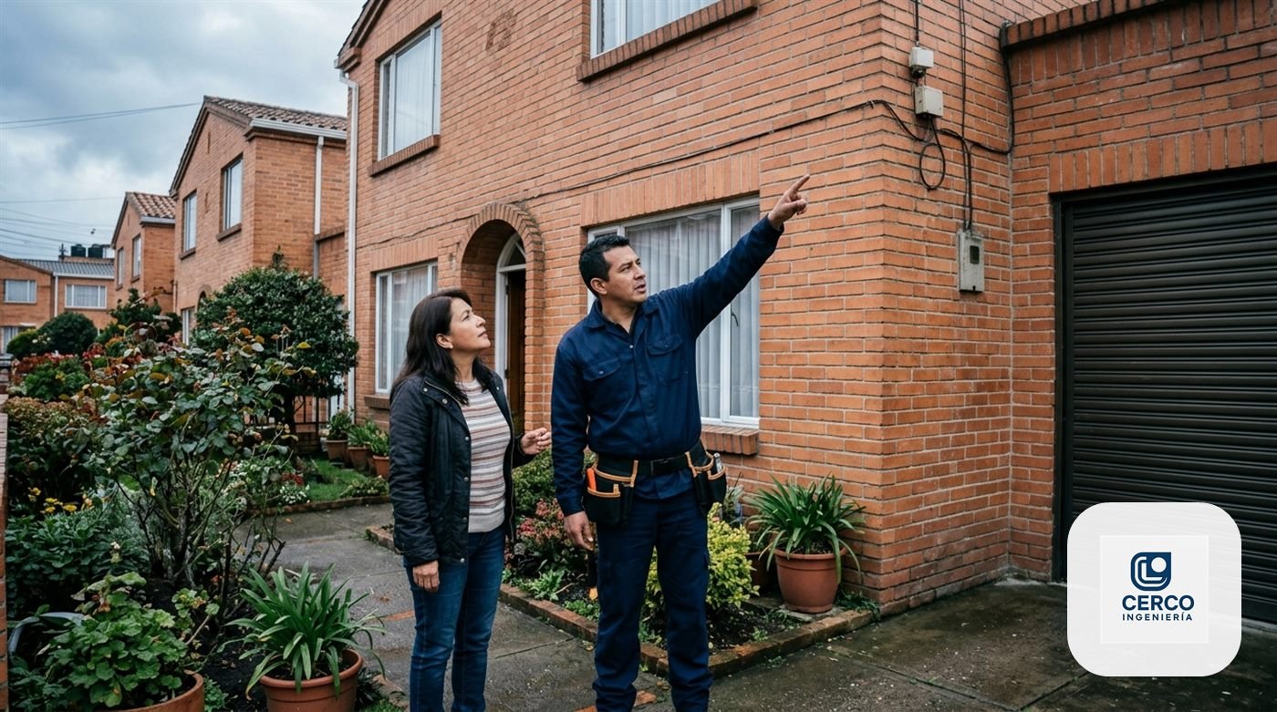 Técnico de Cerco Ingeniería señalando con el propietario dónde irían las cámaras en la fachada de una casa