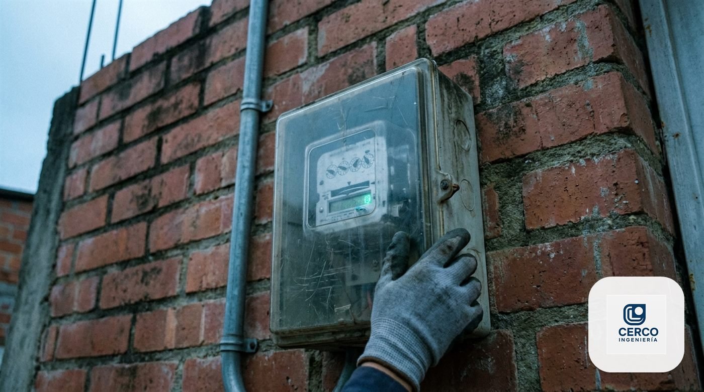 Caja del medidor de energía instalada en la fachada de ladrillo de una vivienda