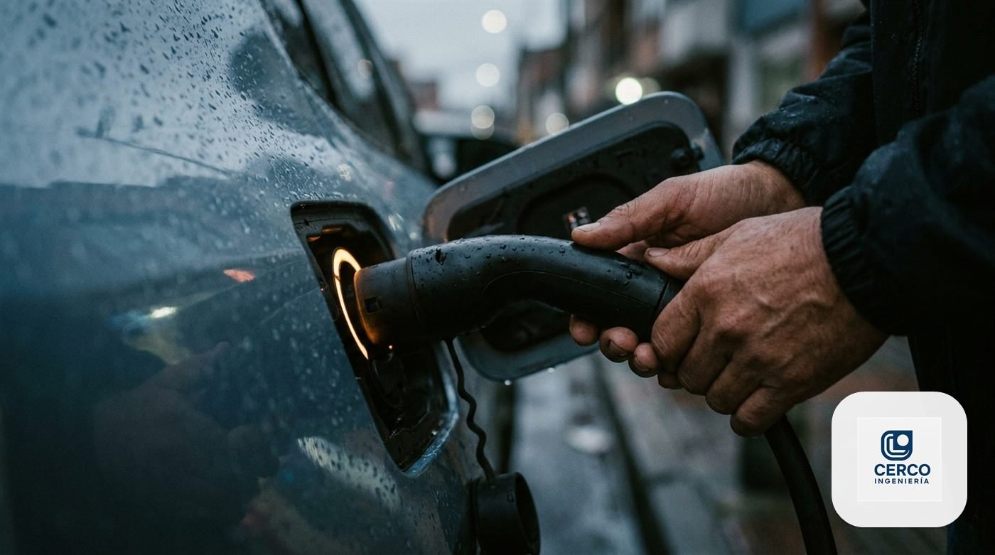 Conector de carga insertado en el puerto de un vehículo eléctrico con el indicador encendido