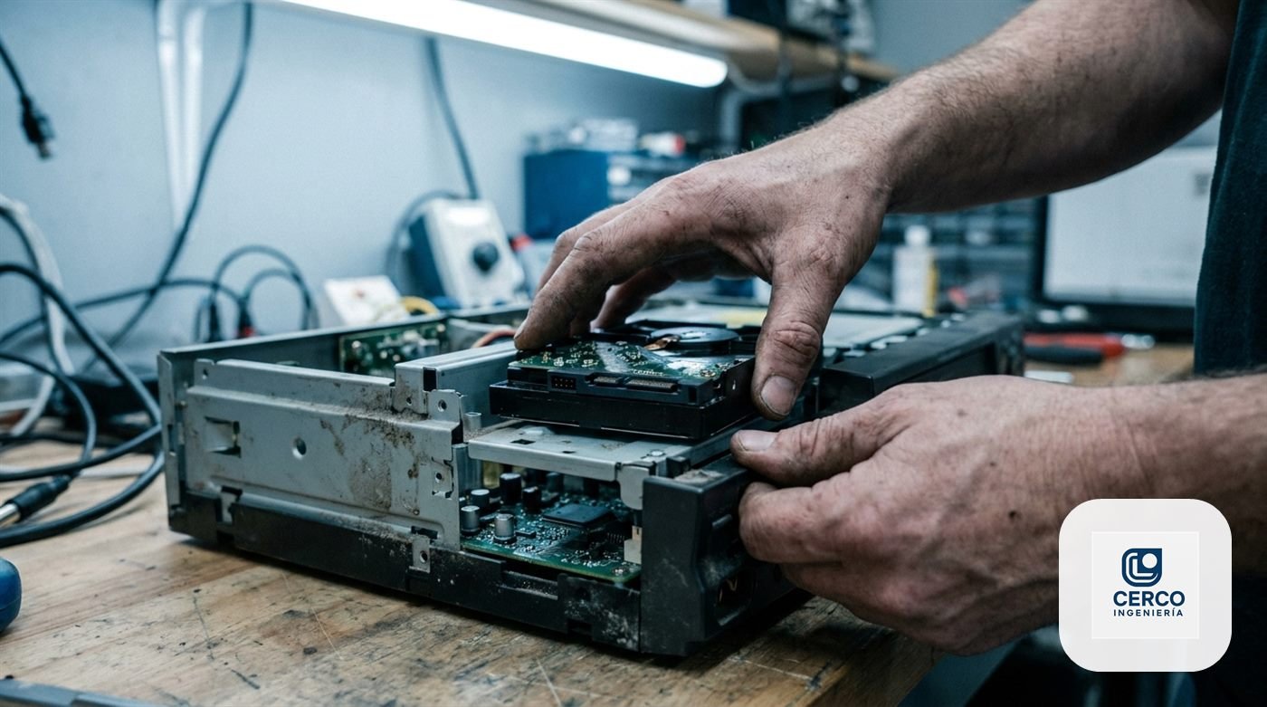 Manos de un técnico insertando un disco duro de 3,5 pulgadas dentro del chasis abierto de un grabador de video