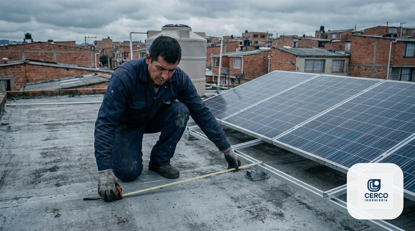 Técnico midiendo el área útil de la terraza de una casa con paneles solares ya montados sobre rieles