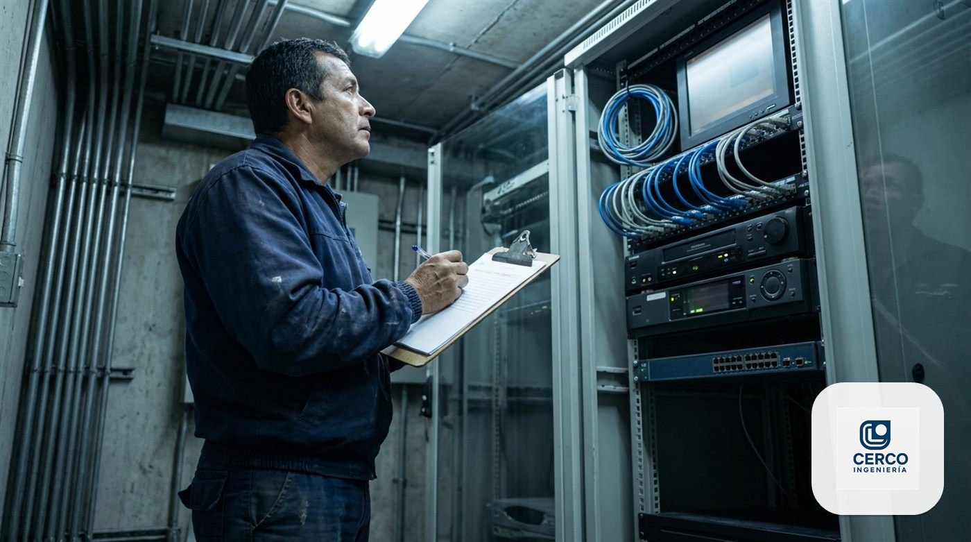 Técnico revisando con una lista de verificación los equipos de un rack de comunicaciones