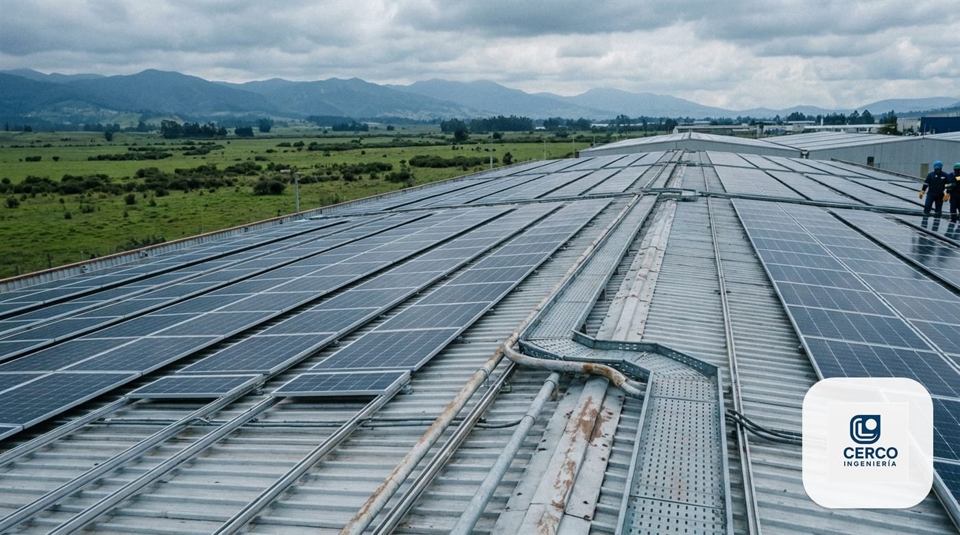 Filas de paneles solares instalados sobre la cubierta metálica de una bodega industrial