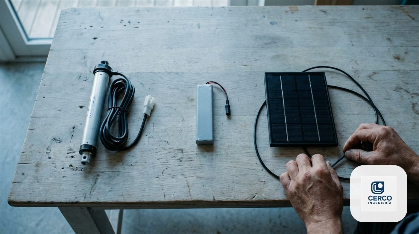 Comparación sobre mesa de un motor tubular con cable, una batería recargable y un panel solar para cortinas