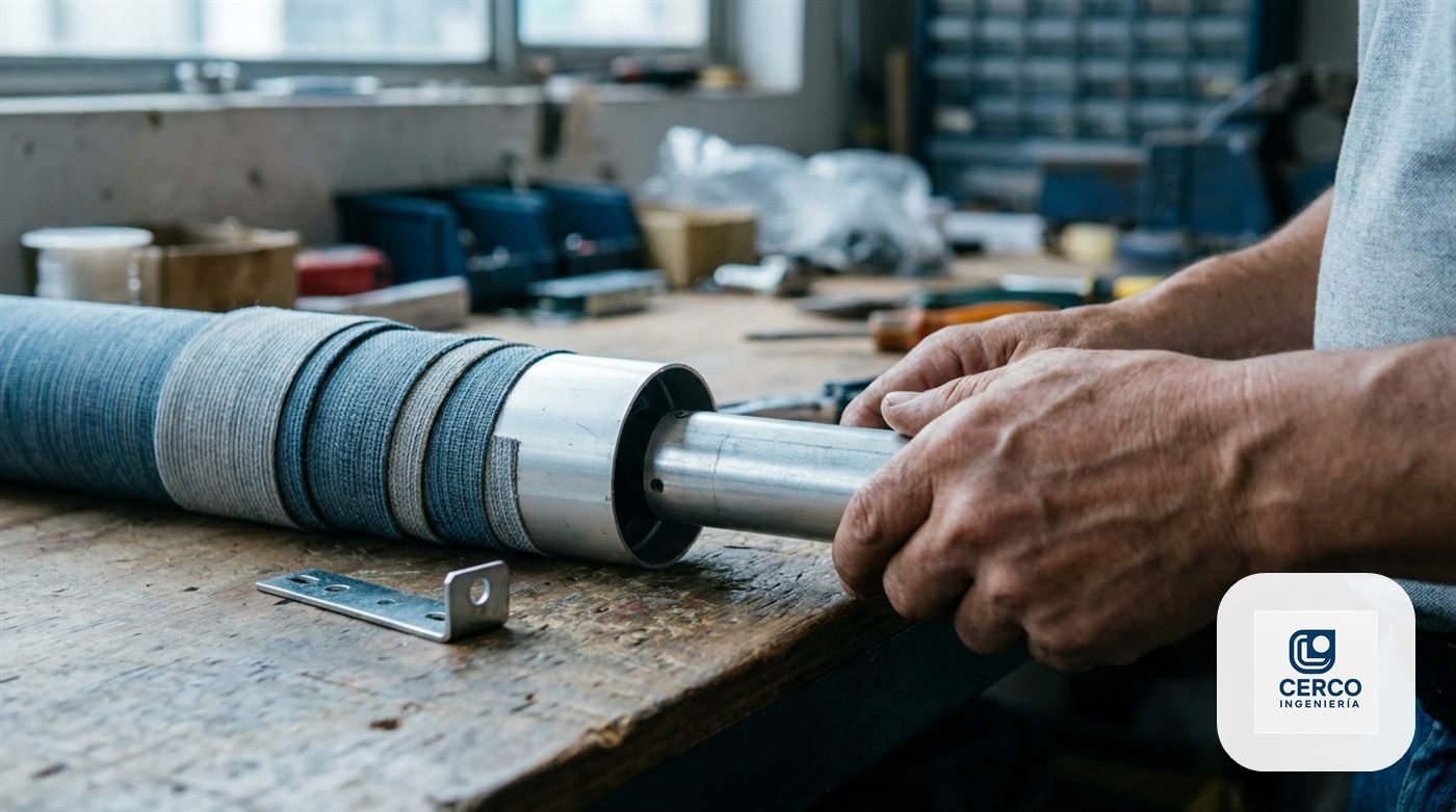 Manos de técnico introduciendo un motor tubular dentro del tubo de una cortina enrollable existente