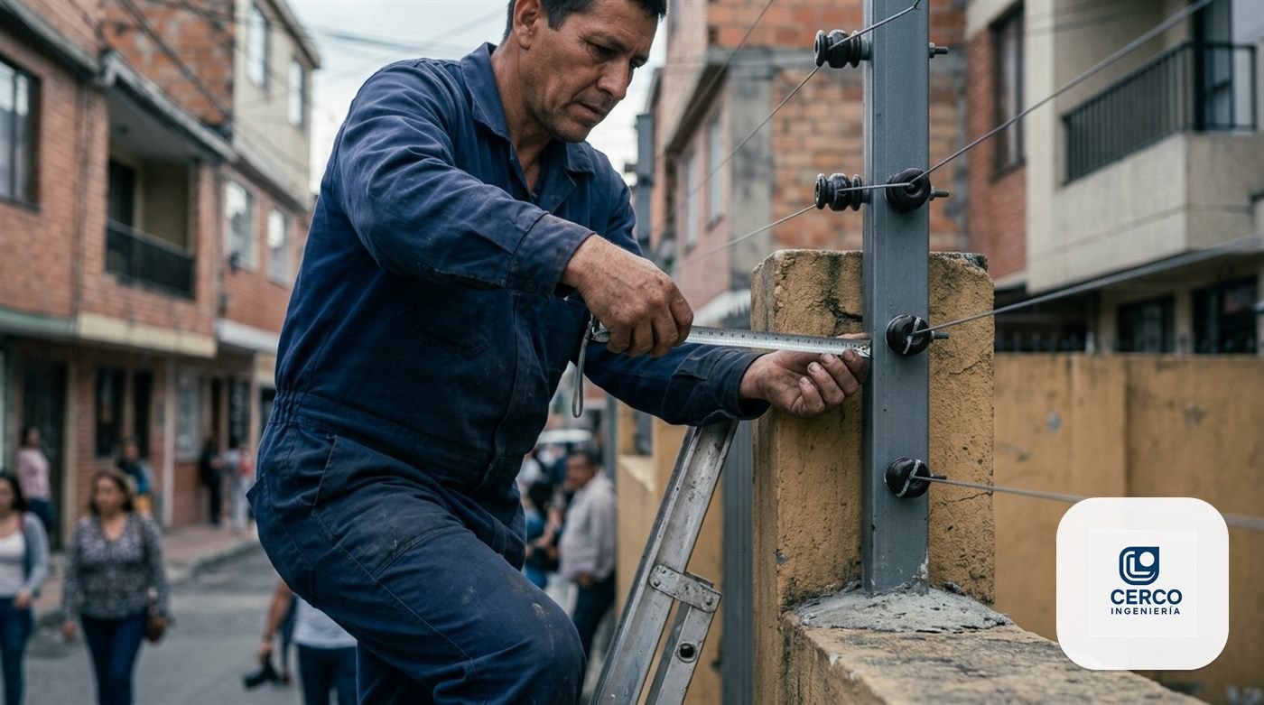 Técnico midiendo con flexómetro la altura de instalación de un poste de cerca eléctrica