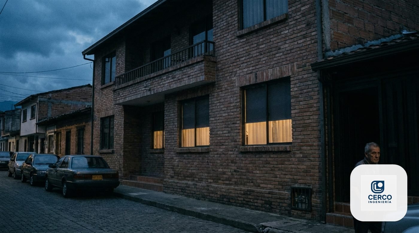 Fachada de casa al anochecer con persianas a media altura y luz interior encendida simulando presencia