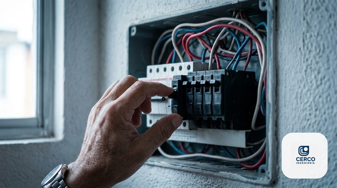 Mano subiendo un breaker disparado dentro del tablero eléctrico de una vivienda