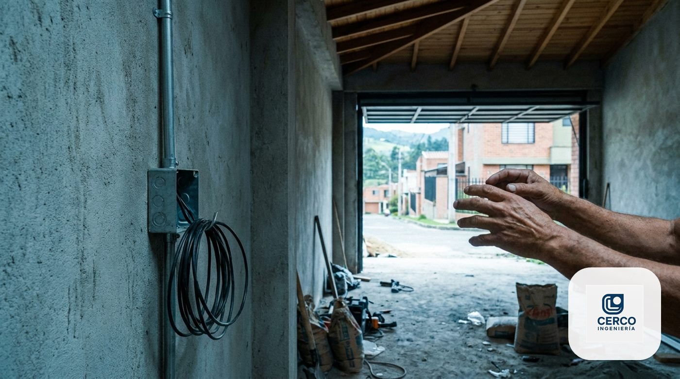 Garaje en obra gris con tubería bajando por el muro hasta una caja dejada prevista para el cargador