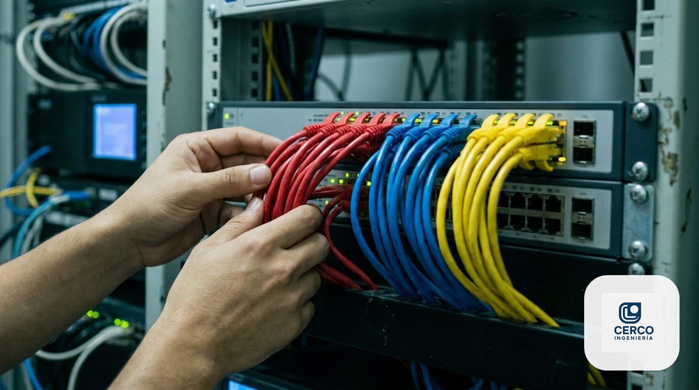 Switch de red administrable con los cables agrupados por colores en distintas secciones