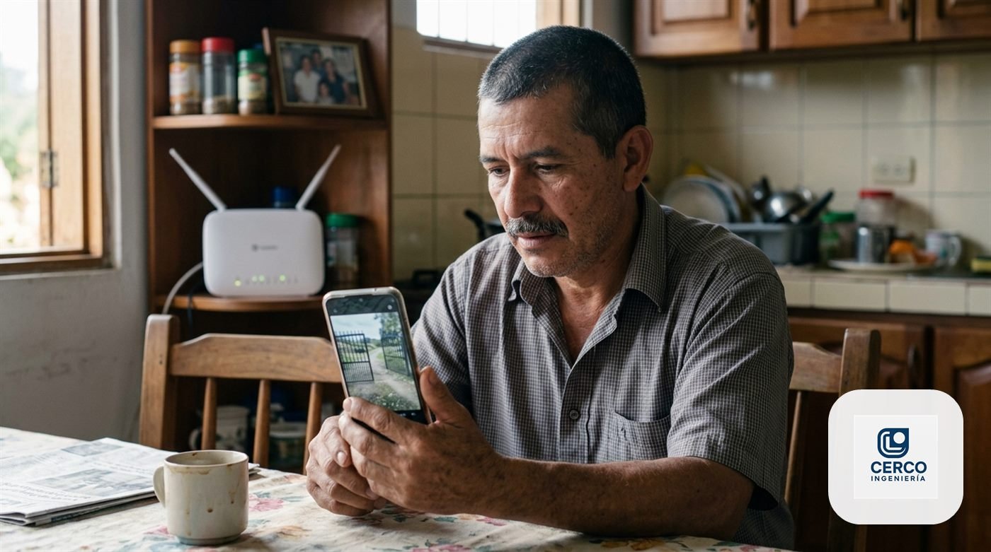 Hombre revisando desde su celular la cámara de la entrada de su casa, con el router al fondo