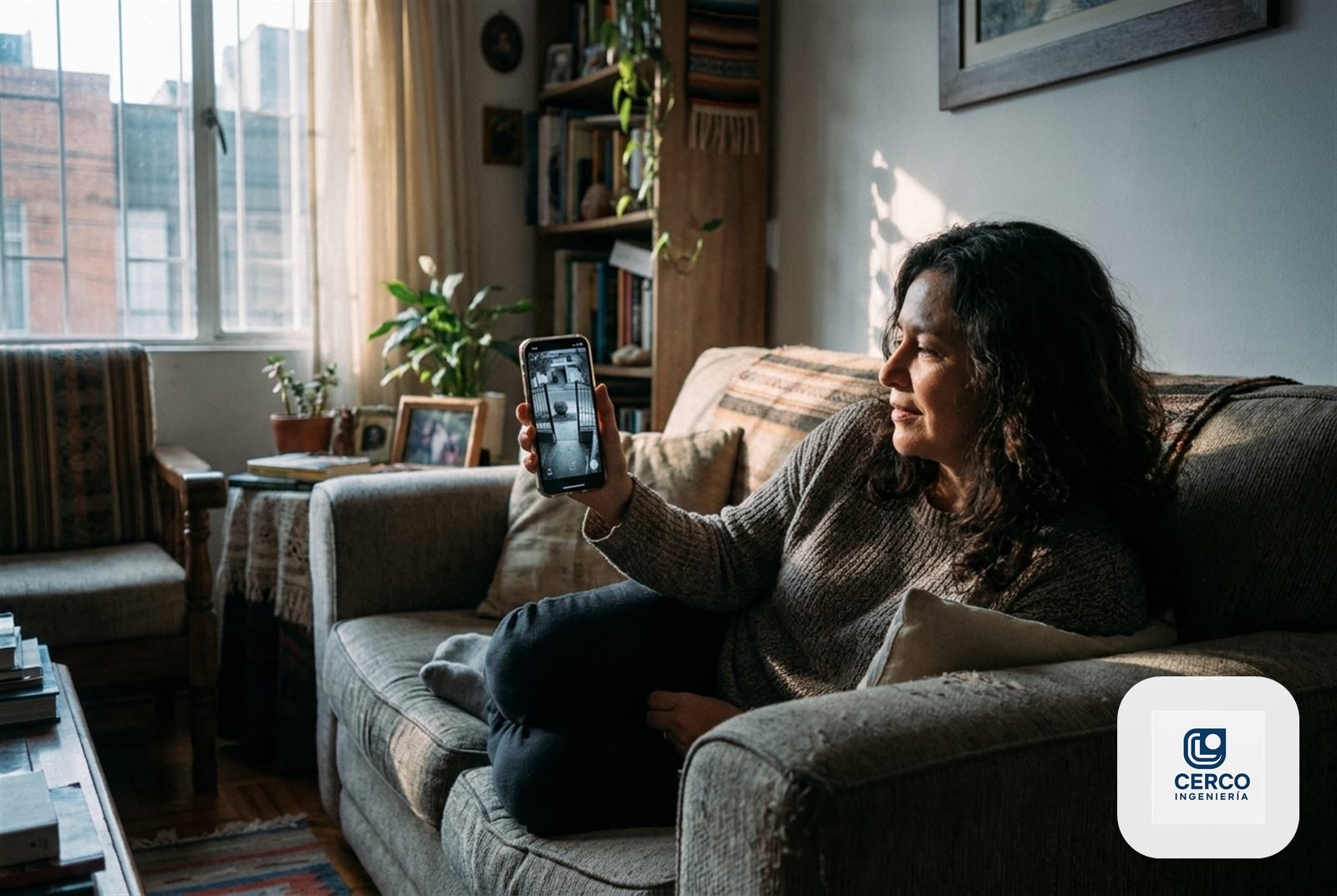 Propietaria revisando desde el celular la cámara de seguridad de su casa