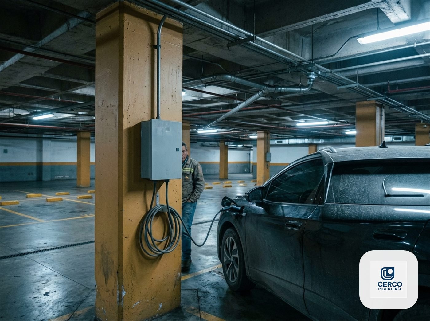 Cargador de vehículo eléctrico instalado en una columna del parqueadero subterráneo de un conjunto residencial en Bogotá
