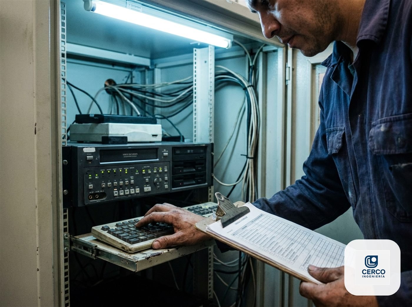 Técnico de Cerco Ingeniería aplicando la configuración segura de un grabador NVR de cámaras siguiendo una lista de verificación