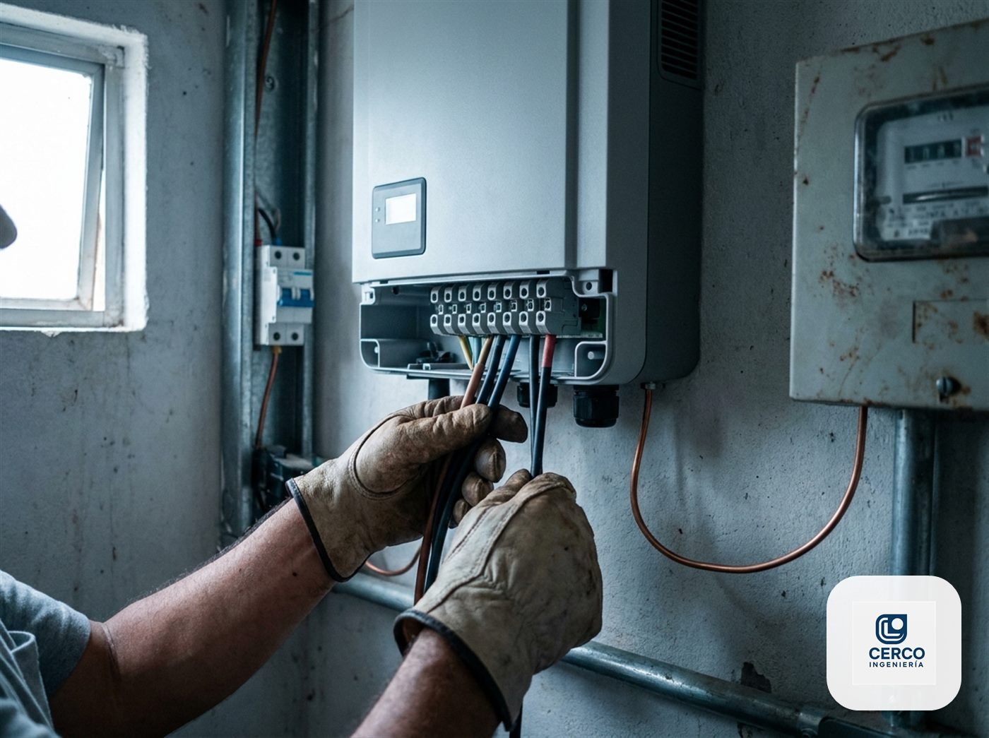 Técnico conectando los cables de corriente continua al inversor solar instalado junto al medidor de una vivienda