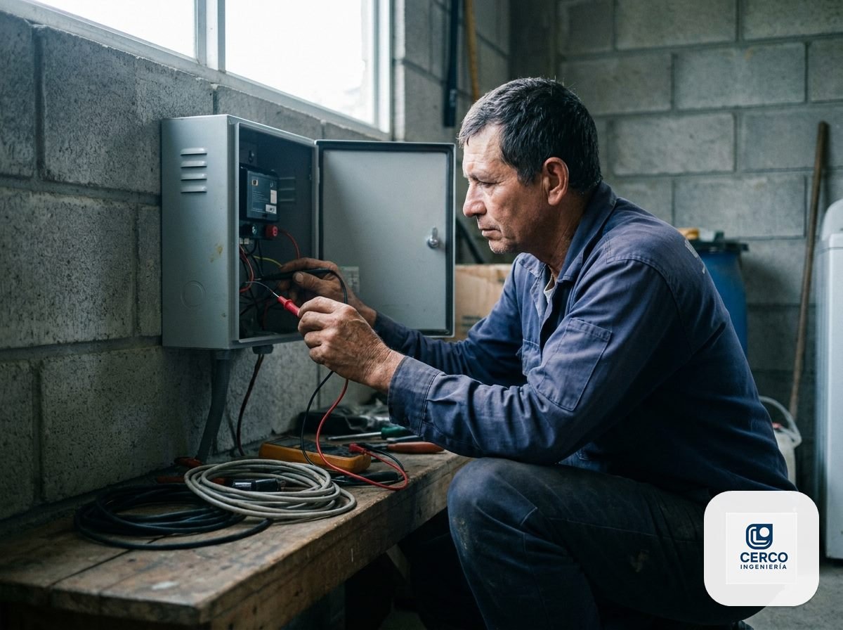 Técnico revisando con multímetro el energizador de una cerca eléctrica durante el mantenimiento