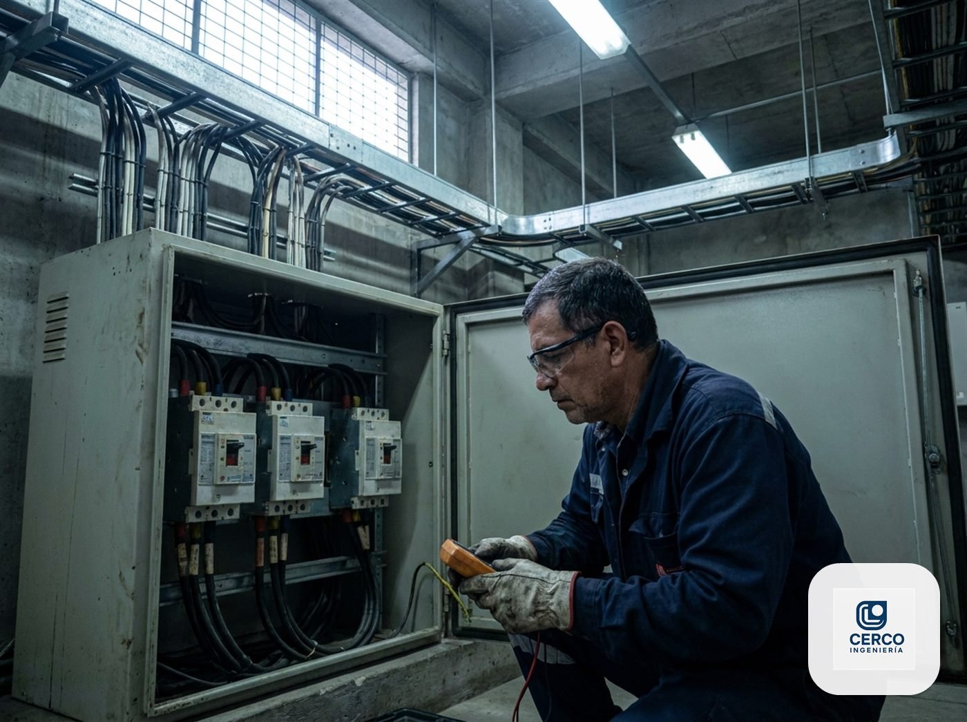 Técnico de Cerco Ingeniería inspeccionando un tablero eléctrico trifásico industrial