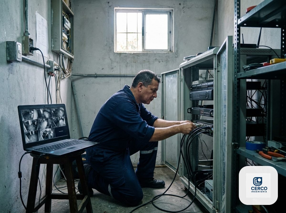 Técnico conectando el grabador de un sistema CCTV empresarial en el rack de comunicaciones