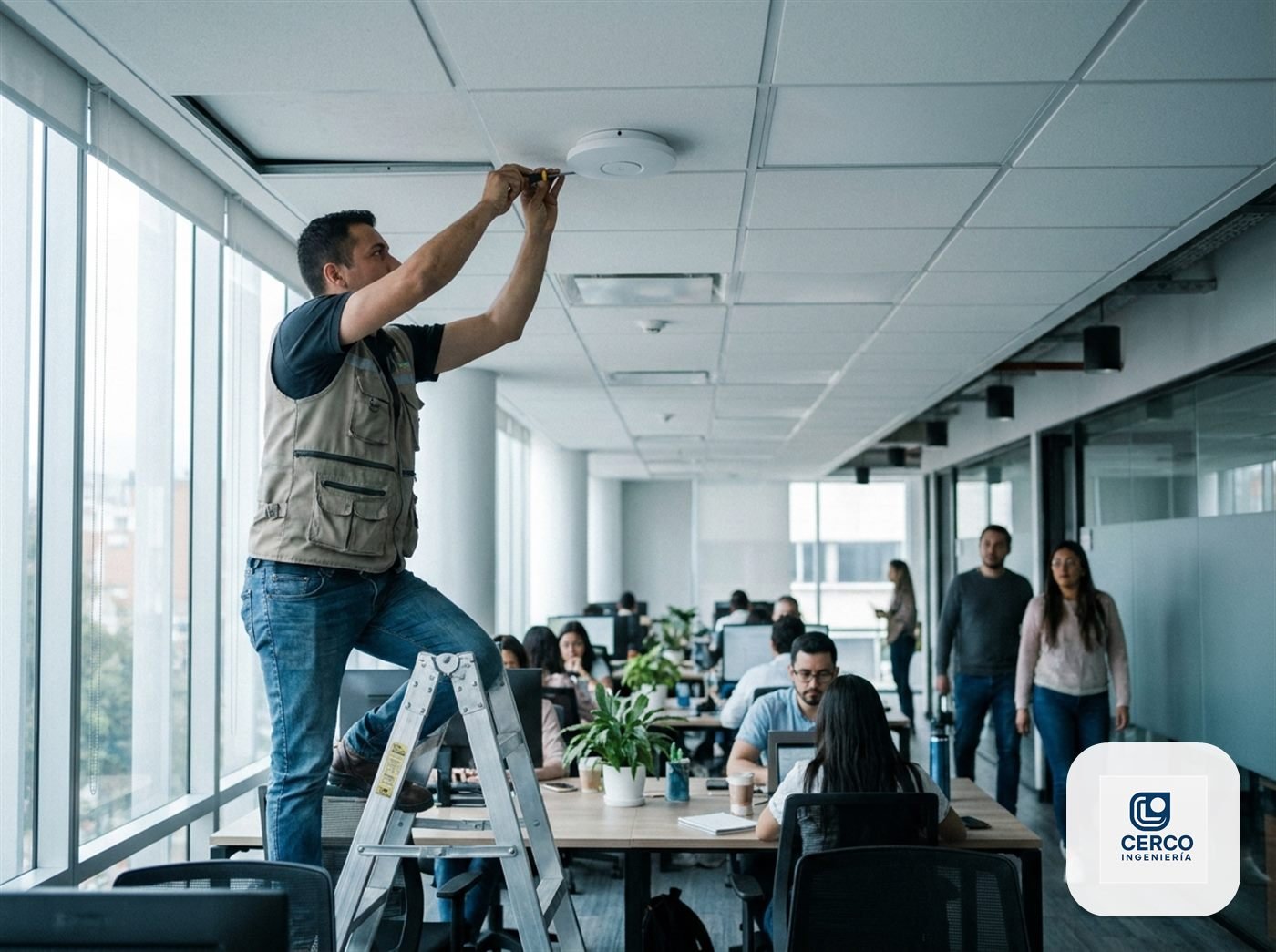 Técnico instalando un punto de acceso WiFi en el techo de una oficina en Bogotá