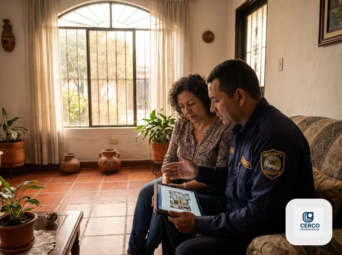 Ingeniero de Cerco Ingeniería mostrando el plano del sistema de seguridad a un cliente durante la visita de factibilidad a domicilio